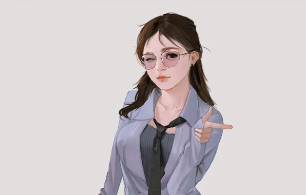 Picture tie, schoolgirl, grey background, glasses, brown eyes, winks, blouse open, hand gesture