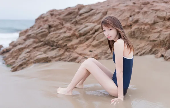 Swimsuit, Rock, Beautiful, Asian, Model, Water, Sand, Woman