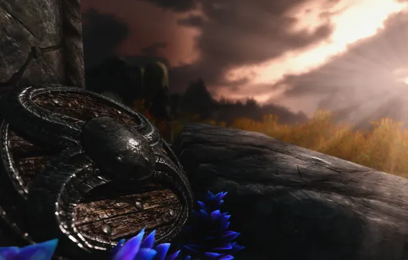 The sky, Grass, Stones, Shield, The Elder Scrolls Skyrim