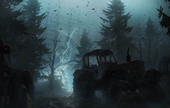 Picture lightning, tractor, Chernobyl, Pripyat, Stalker 2, Stalker 2, Yuri Hill, Belarus