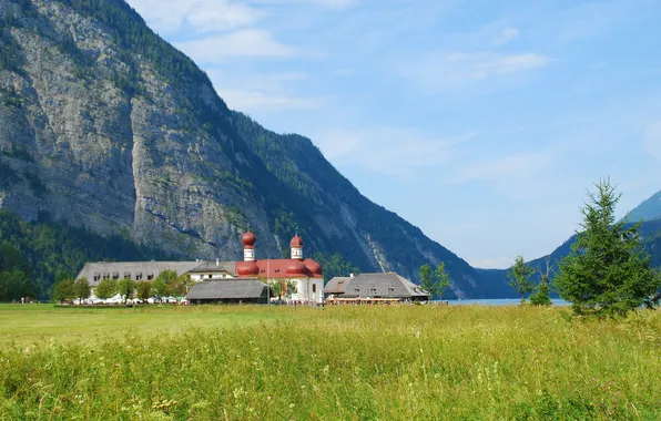 Picture grass, trees, mountains, Germany, Bayern, meadow, Church, lake Königssee