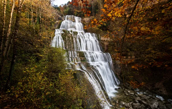 Picture autumn, forest, France, waterfall, Cascade of the Hedgehog