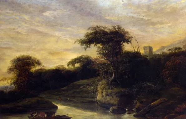 Picture nature, boat, picture, Jacob de Wet the Elder, Landscape with a River at the Foot …