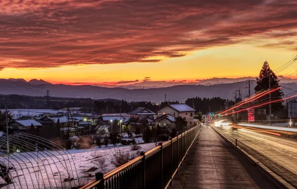 Winter, road, the sky, clouds, snow, trees, landscape, sunset