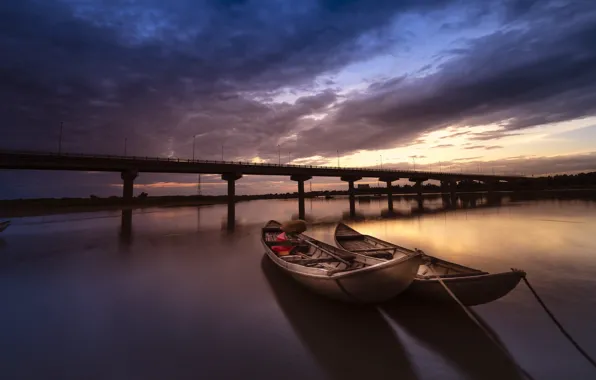 Picture the sky, water, clouds, landscape, sunset, clouds, bridge, river