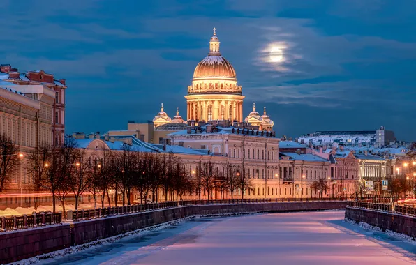 Picture winter, snow, trees, river, building, home, Saint Petersburg, St. Isaac's Cathedral