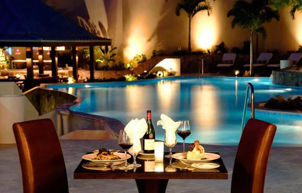 Picture romance, the evening, pool, dinner