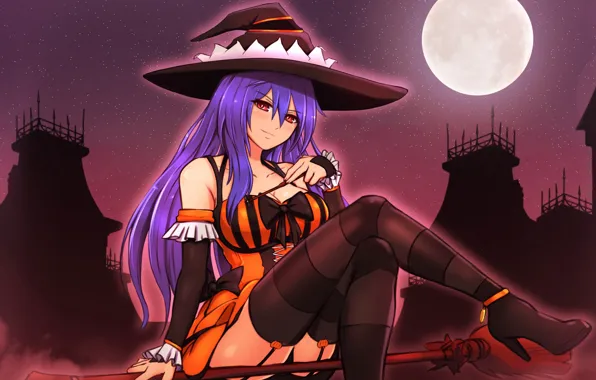 Night, the moon, hat, broom, Halloween, witch