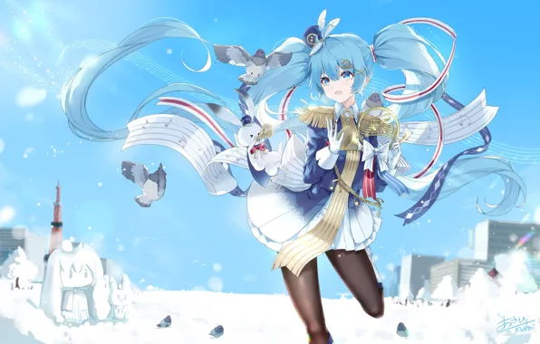 Girl, pigeons, Hatsune Miku, Vocaloid, Vocaloid, Hatsune Miku