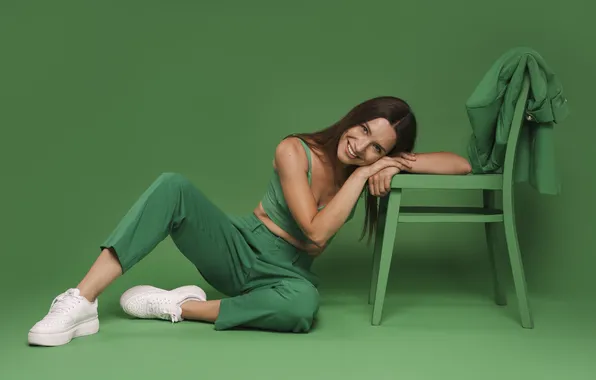 Green, woman, posing, outfit