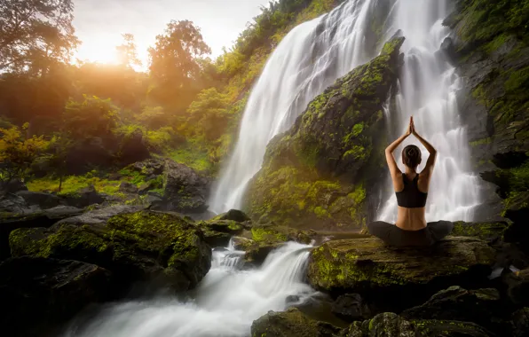 Girl, waterfall, Yoga