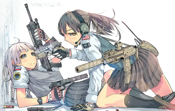 Picture girl, gun, weapons, anime, headphones, art, microphone, flags