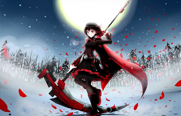 Picture winter, girl, snow, trees, weapons, the moon, tree, anime