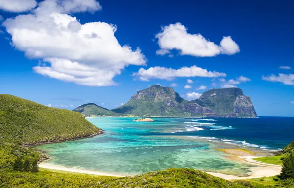 Sea, greens, the sky, the sun, clouds, mountains, coast, island