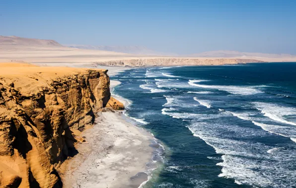 Sand, wave, landscape, rock, the ocean, shore, desert, Peru