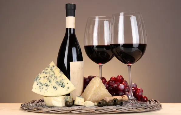 Wine, glass, bottle, cheese, grapes, olives, corkscrew