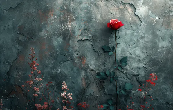 Flower, flowers, cracked, wall, rose, stem, grey background, red