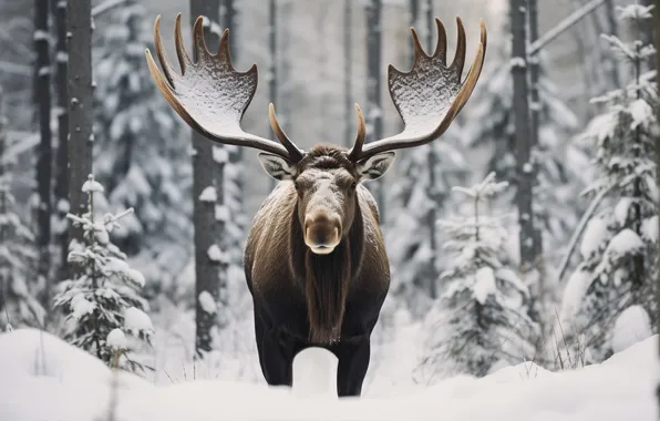 Winter, Trees, Snow, Horns, Front, Digital art, Moose, AI art