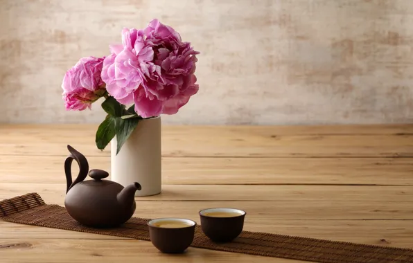 Minimalism, kettle, Cup, peony