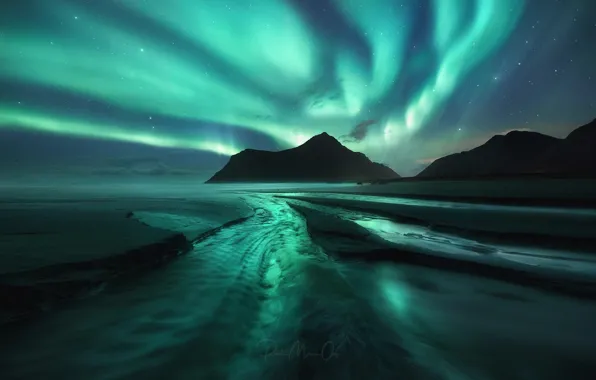 Picture sea, beach, the sky, stars, mountains, night, Northern lights