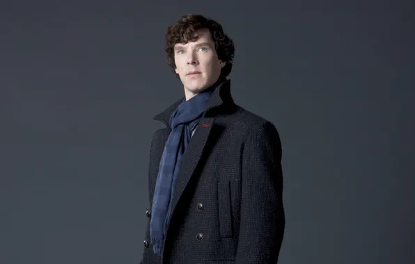 Actor, grey background, Sherlock Holmes, coat, character, Benedict Cumberbatch, Benedict Cumberbatch, Sherlock