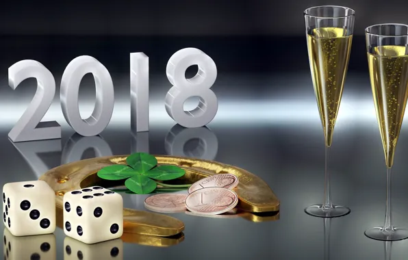 Glasses, New year, coins, 2018, horseshoe