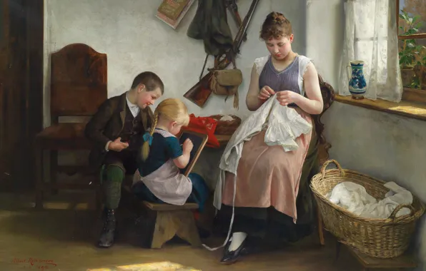 Picture 1892, Austrian painter, Austrian painter, oil on canvas, Family idyll, Albert Ritzberger, Albert Ritzberger, Family …