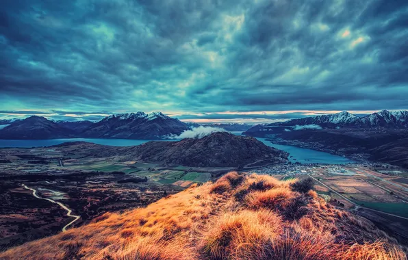 Picture clouds, river, field, Mountains