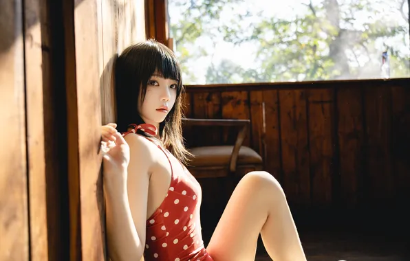 Beautiful, Asian, Model, Woman, Pretty, Red Dress, Sitting, Sunlight