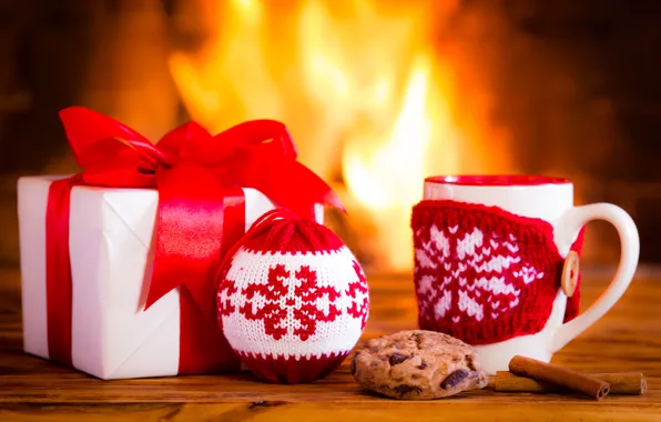 Picture New Year, Christmas, fire, fireplace, Christmas, cup, Xmas, decoration