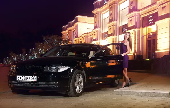 Road, night, building, Girls, Blonde, open door, dress, Beautiful girl