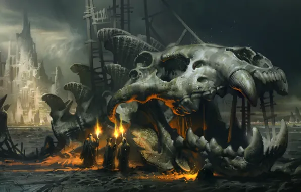 Picture fiction, fire, skull, skeleton, torch, monks, giant fish
