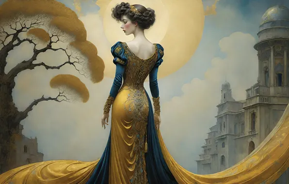 The sky, girl, clouds, style, castle, tree, the building, dress