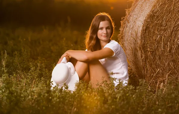 Grass, look, the sun, pose, model, portrait, hat, makeup