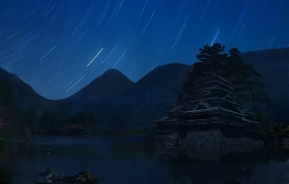 The sky, Mountains, Night, Stars, Lake, Palace, Castle, Movement