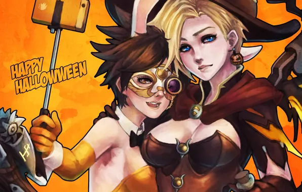 Girls, art, Tracer, overwatch, mercy, Lena Oxton, Angela Ziegler, witch mercy
