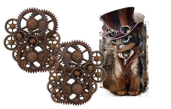 Picture cat, mechanism, minimalism, hat, art, glasses, steampunk, children's