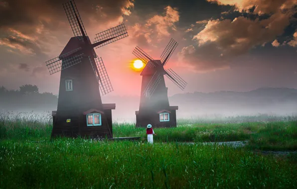 The sky, grass, girl, the sun, clouds, fog, dawn, hills