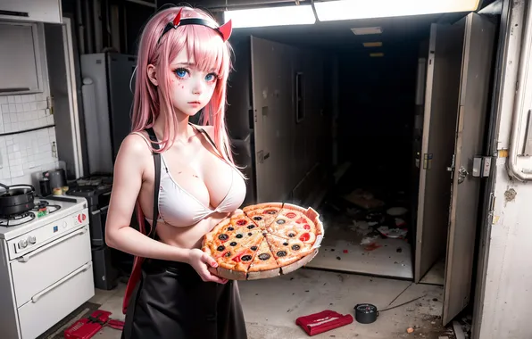 Girl, mess, anime, kitchen, pizza
