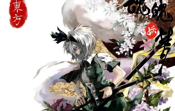 Picture spirit, katana, characters, white background, profile, bow, white hair, art