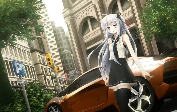 Look, girl, the city, surprise, car, art, asakurashinji
