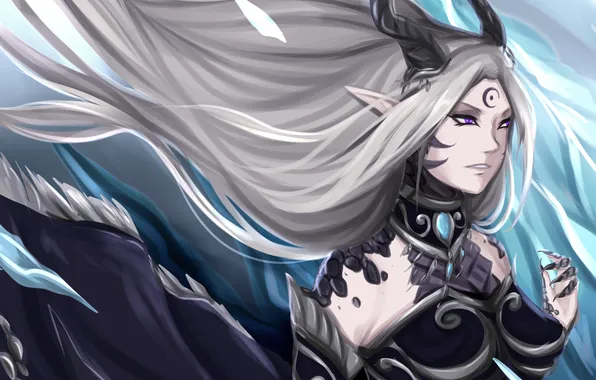 Girl, hair, scales, art, claws, horns