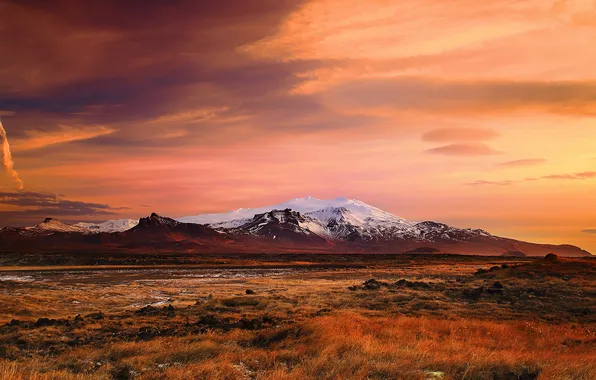 Picture sunset, winter, mountain, snow, iceland