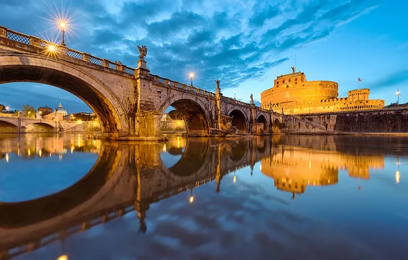 Bridge, lights, reflection, river, Rome, Italy