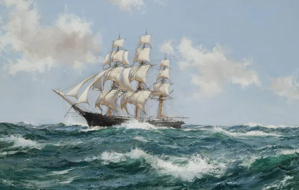 Sea, clouds, ship, sailboat, Montague Dawson