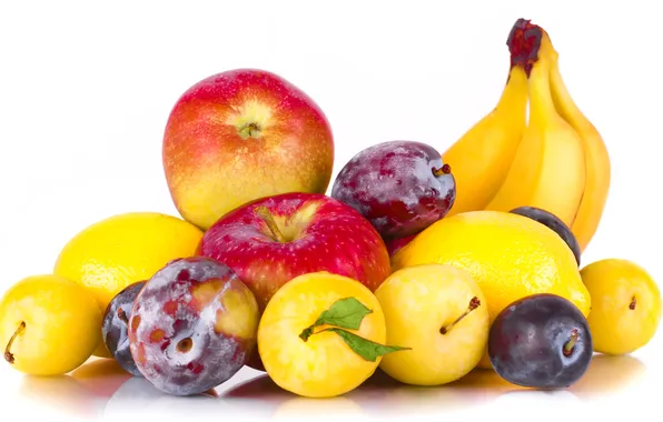 Apples, bananas, fruit, plum, lemons, plum