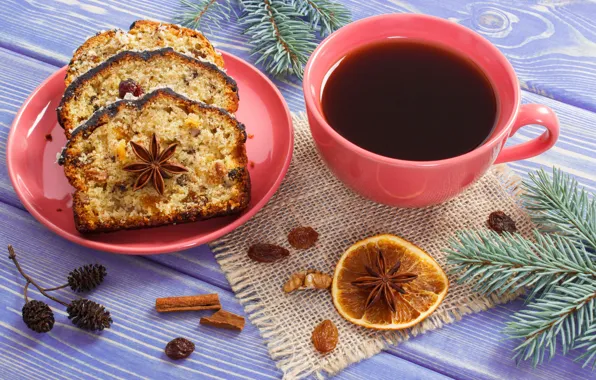 Branches, holiday, lemon, new year, coffee, cinnamon, cakes, decor