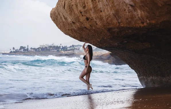 Sand, sea, wave, beach, swimsuit, landscape, pose, stones