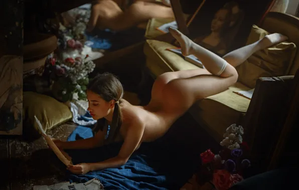 Erotic, ass, girl, light, flowers, pose, reflection, paper