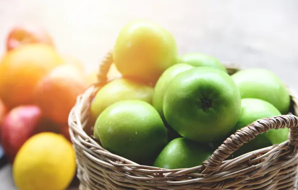 Picture light, green, lemon, apples, food, blur, fruit, basket